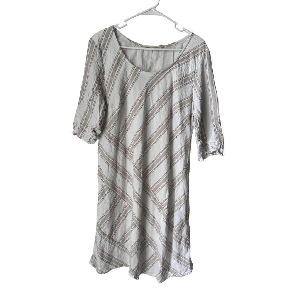Soft Surroundings Linen Blend Diagonal Stripe Dress XL Cream Tan 2EY09